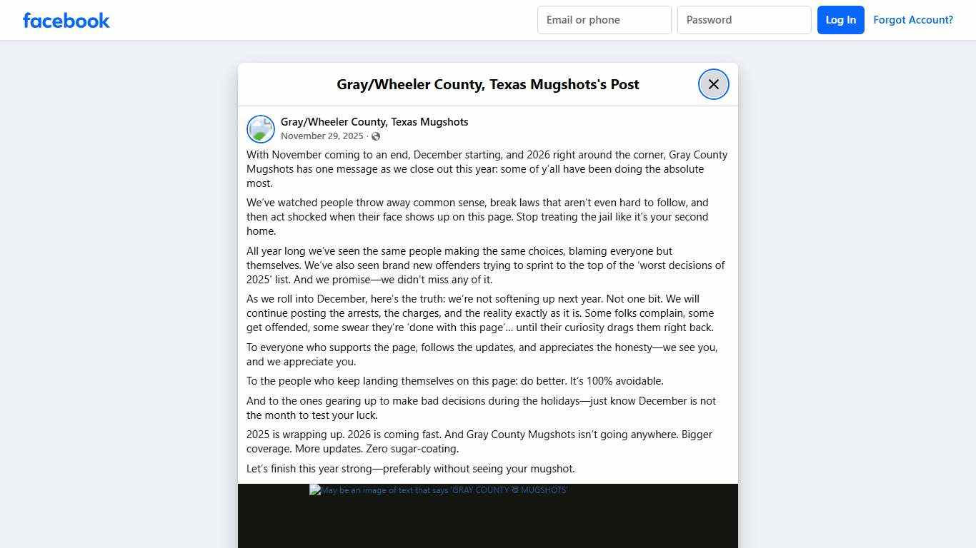 With November coming... - Gray/Wheeler County, Texas Mugshots Facebook